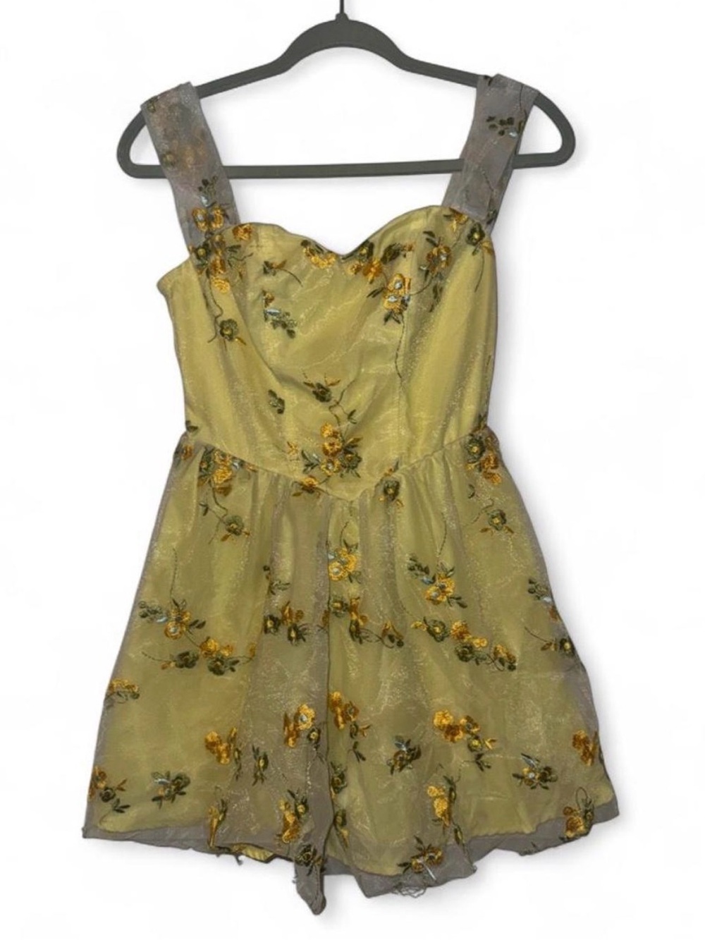 SHEIN Yellow Floral Embroidered Mini Dress with Gray Straps